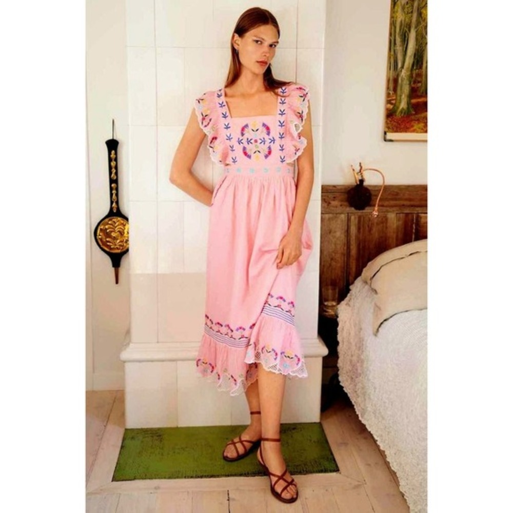 Celia B Midi Dress size L Wild Rose tiered ruffle criss cross‎ back resort